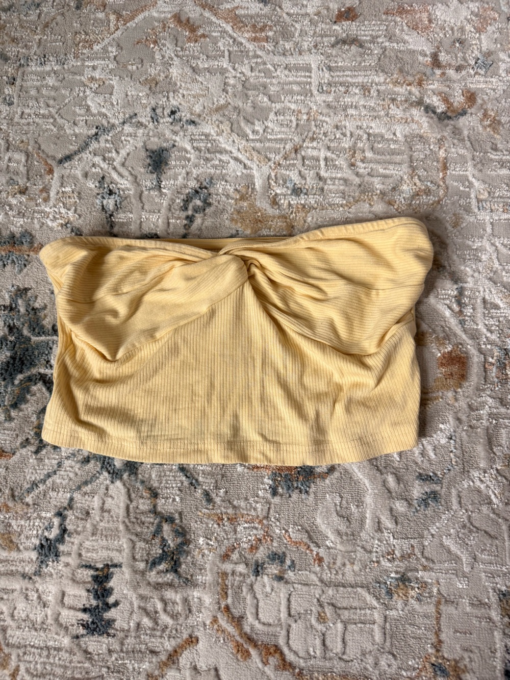 SHEIN Yellow Twist Front Ribbed Strapless Crop Top